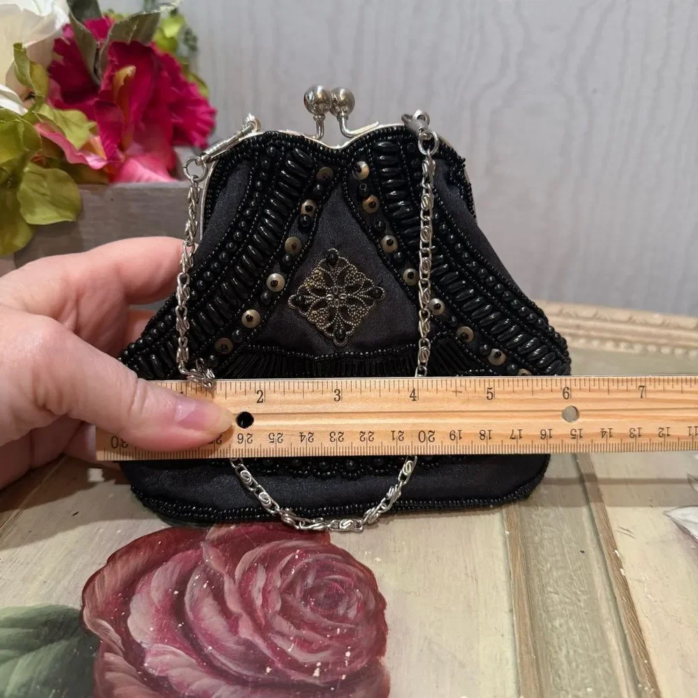 Heavily Beaded KISS Clasp Black Evening Bag Clutch Purse Wristlet Crossbody NWOT
